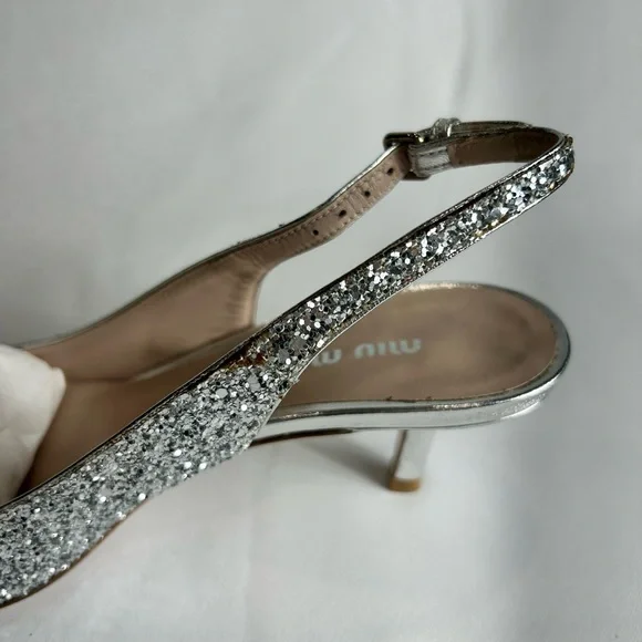 Miu Miu Slingback Silver Glitter Heels Size 37 - Picture 8 of 9